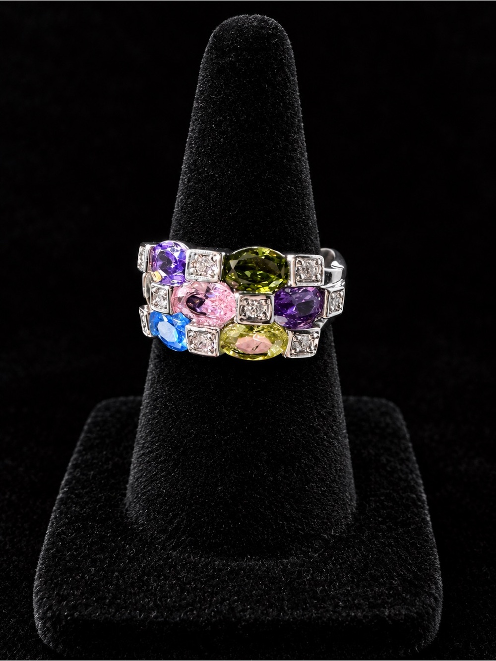 Multi-Color Gemstone Silver Ring with Pink, Purple, Green, Blue in size 6